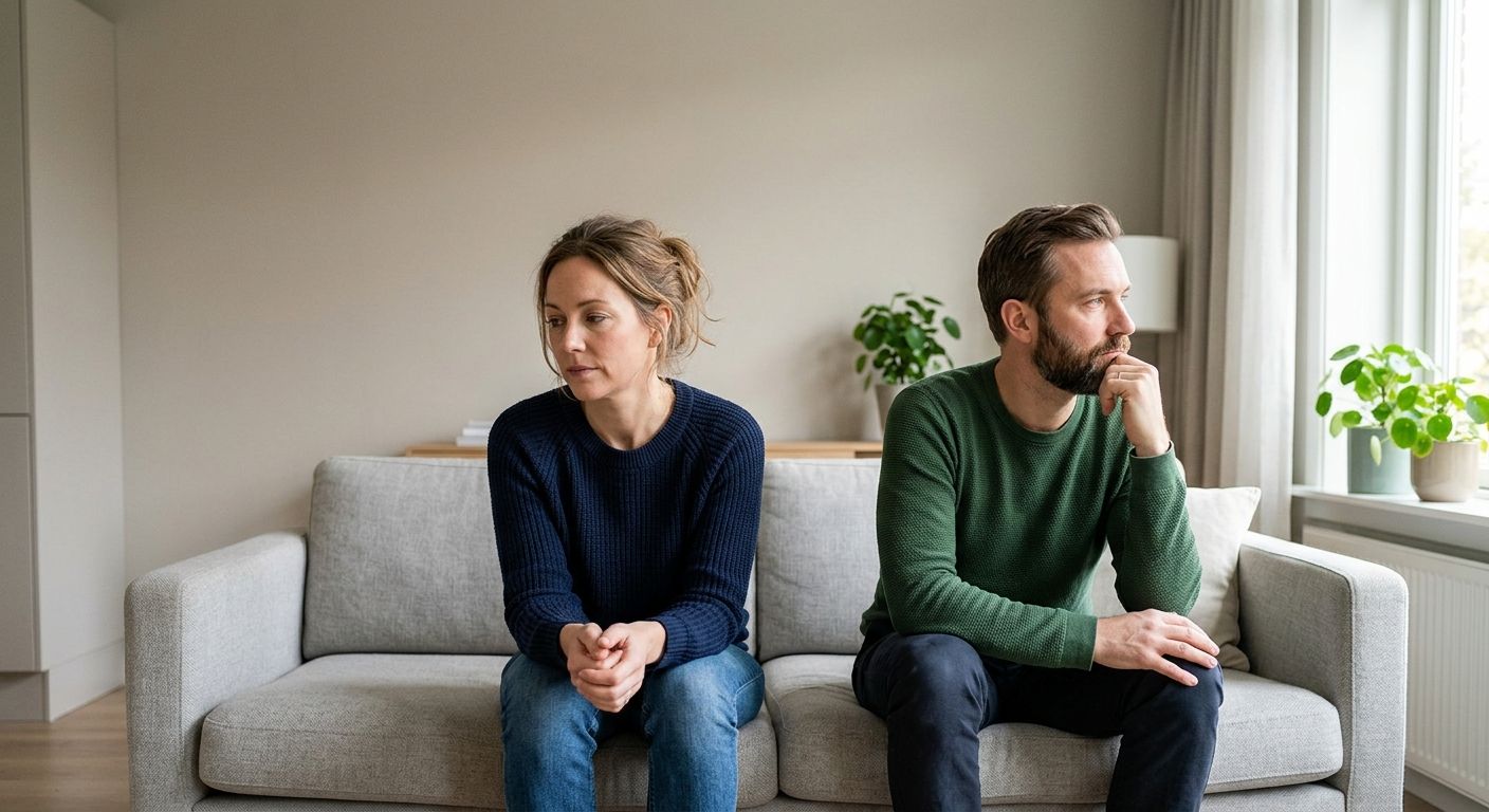 Мужчина и женщина, отвернувшиеся друг от друга в гостиной
